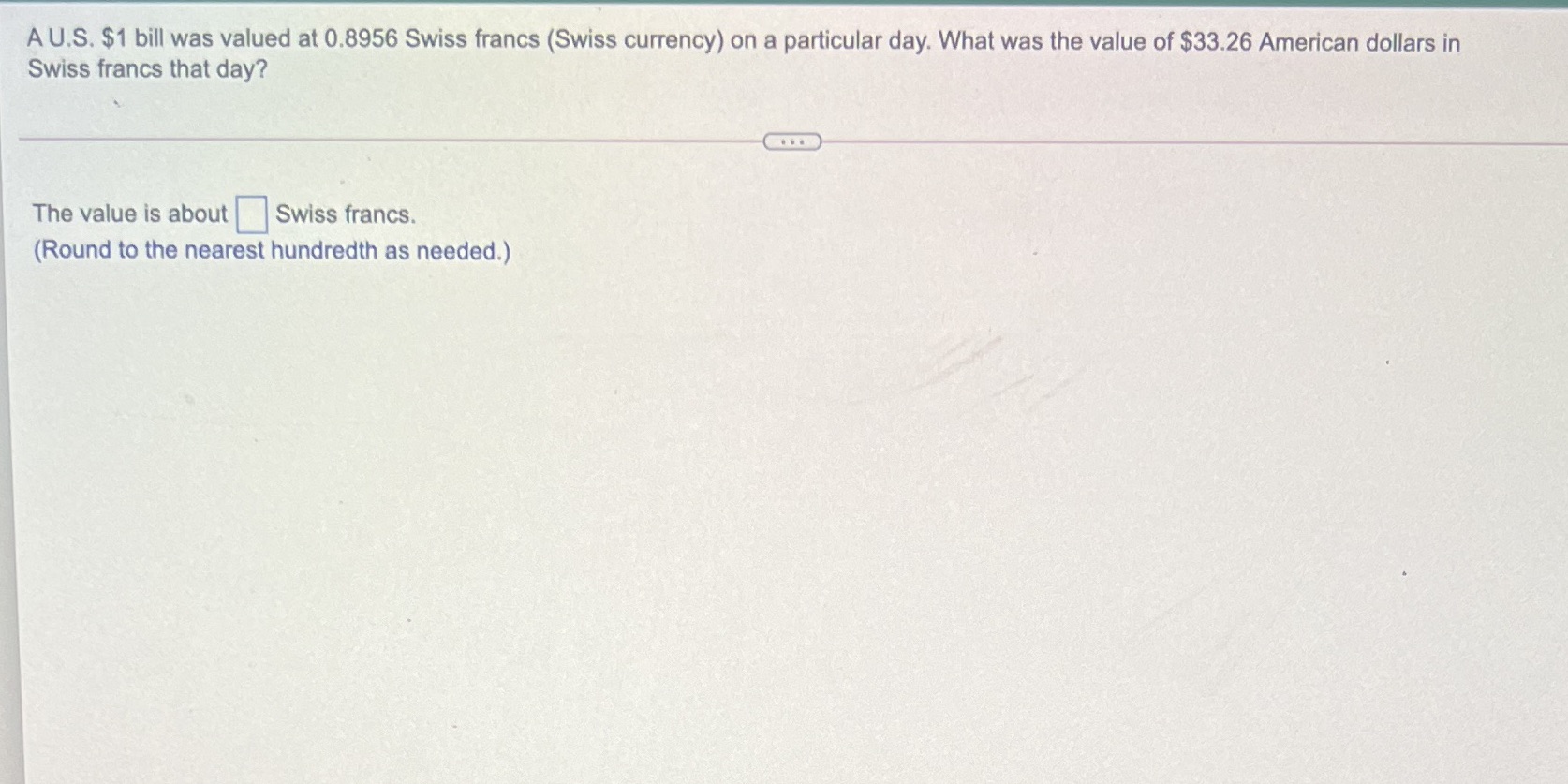 A U.S. $1 bill was valued at 0.8956 Swiss francs