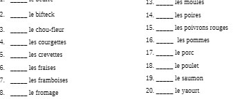 19. les moules le bifteck 14. les poires 3. le