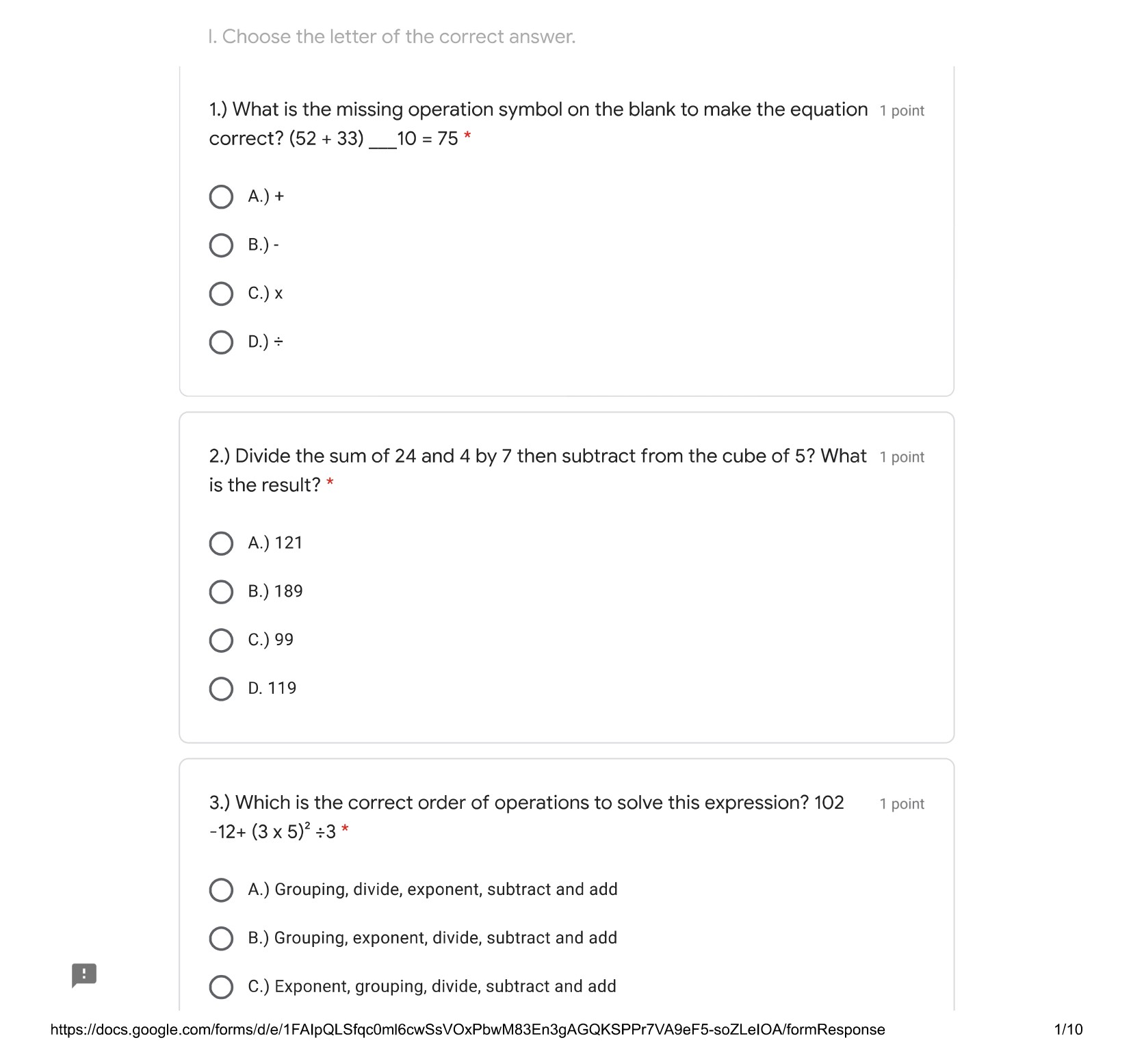 |. Choose the letter of the correct answer. 1.)