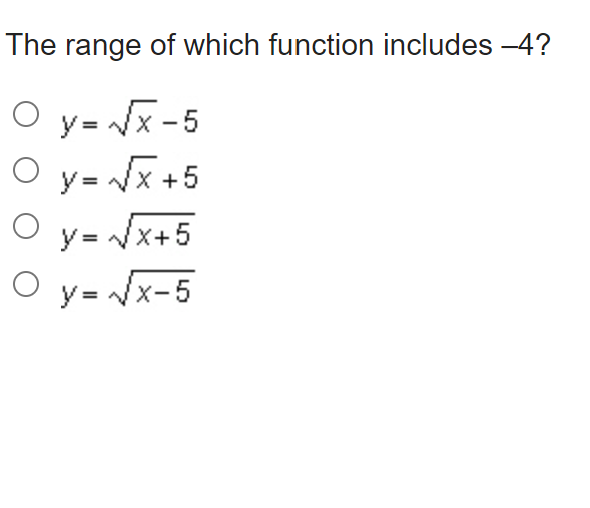 The range of which function includes -4? O =NX -5
