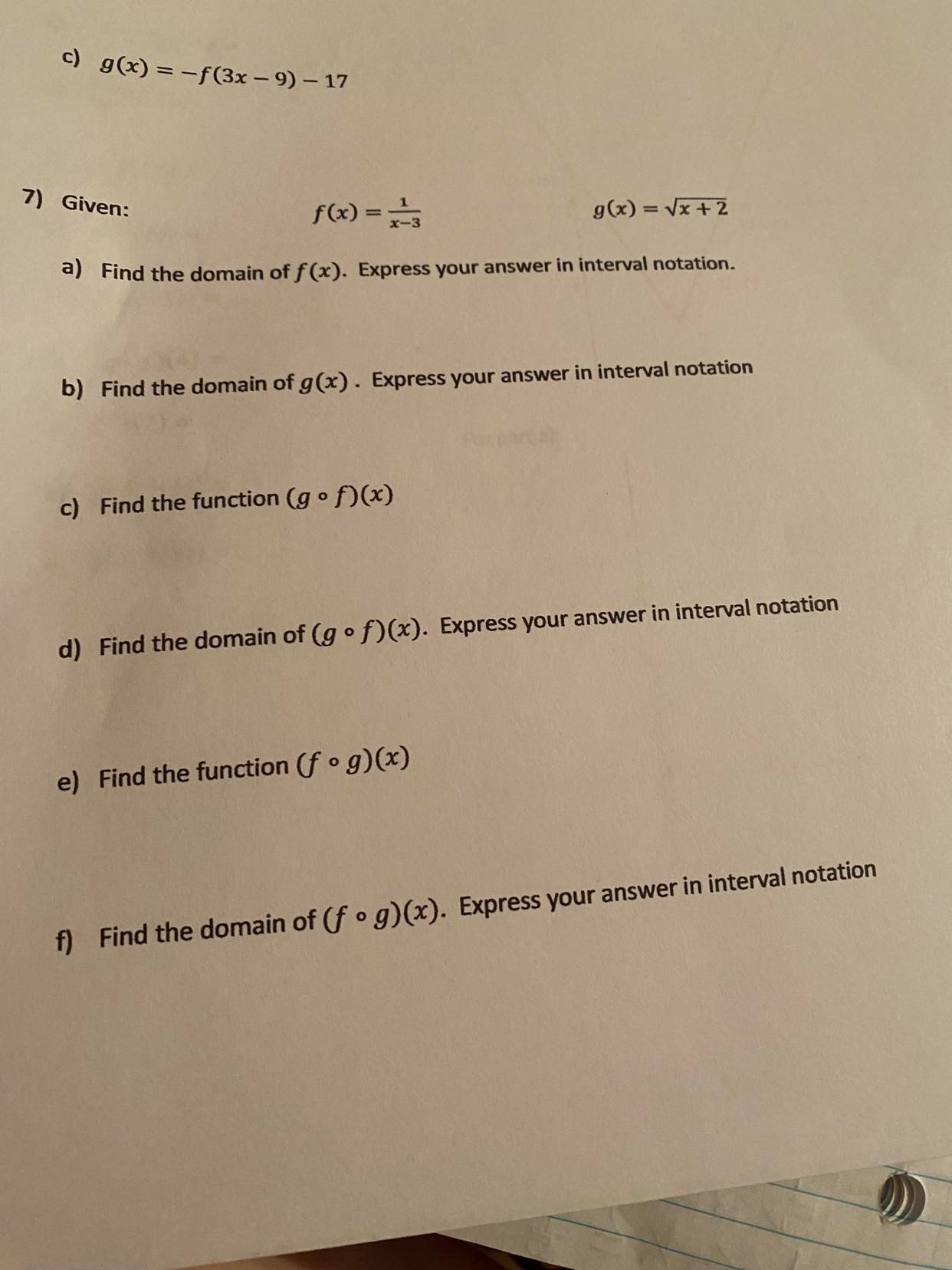 c) g(x) =-f(3x-9)-17 7) Given: f (x) = 7-3 g (x)