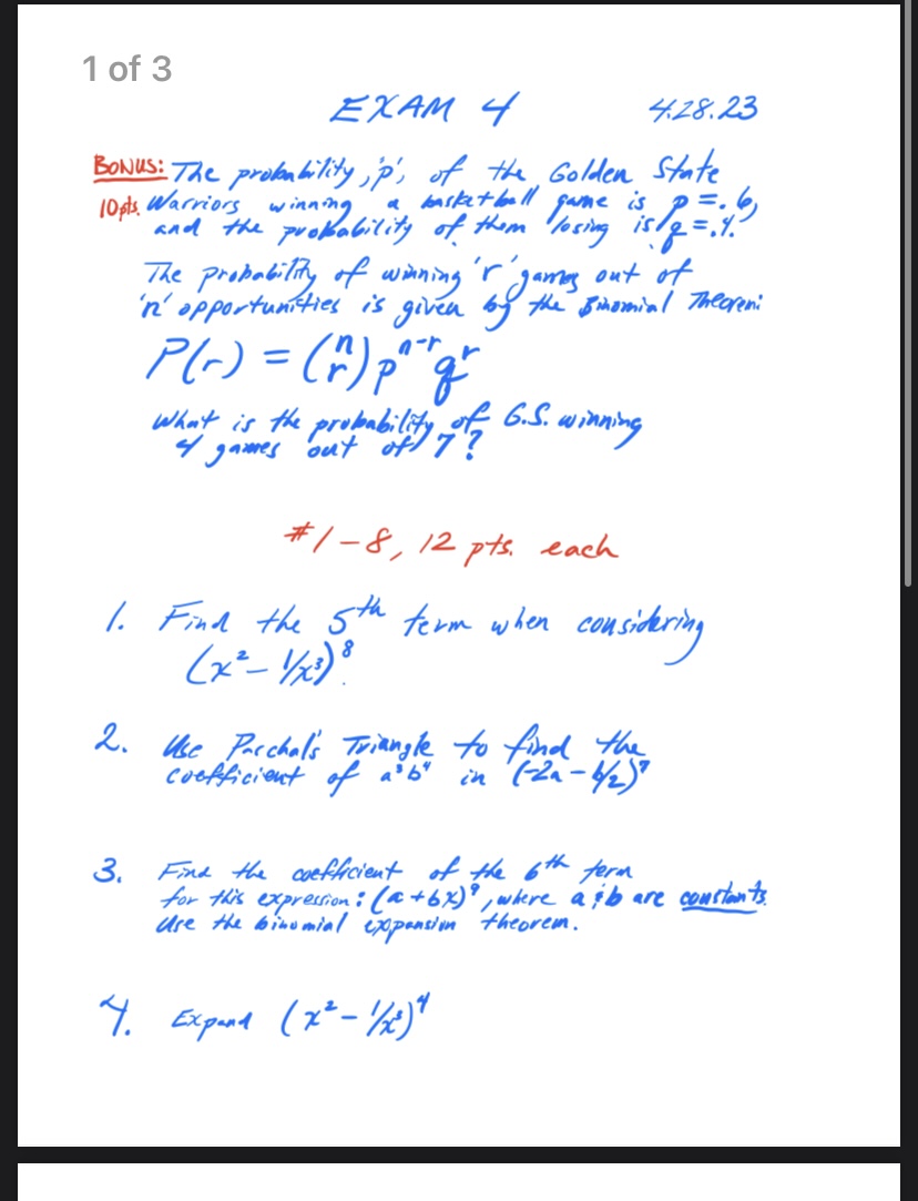 1 of 3 EXAM 4 4:28.23 BONUS : The probability
