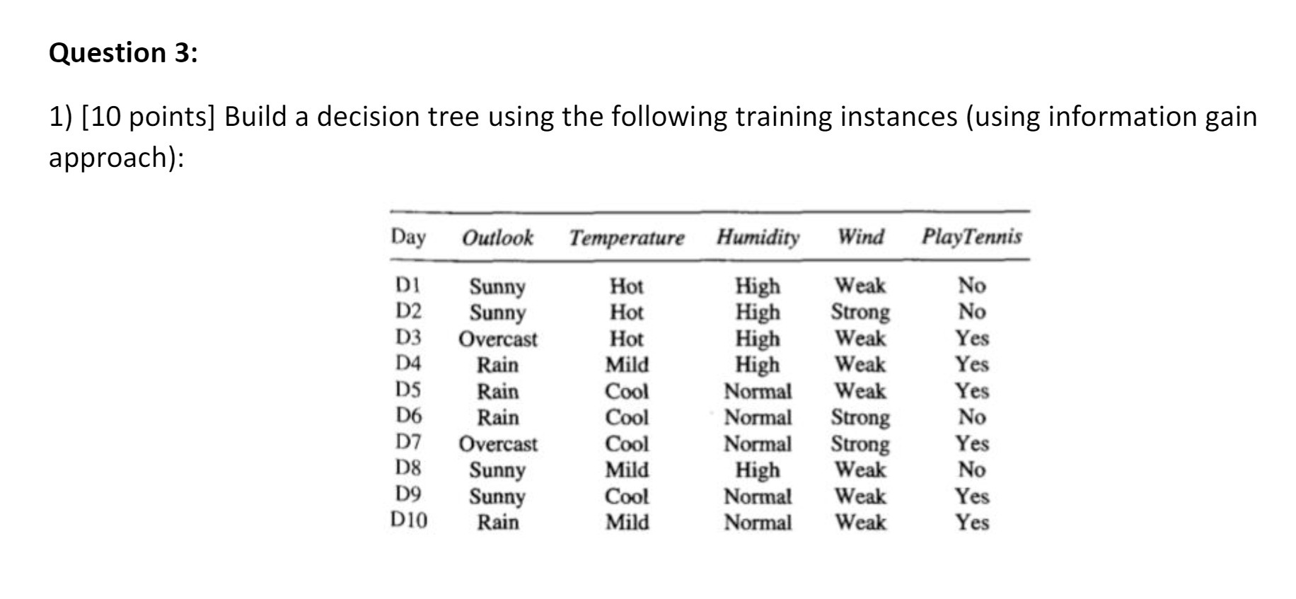 Question 3: 1) [10 points] Build a decision tree