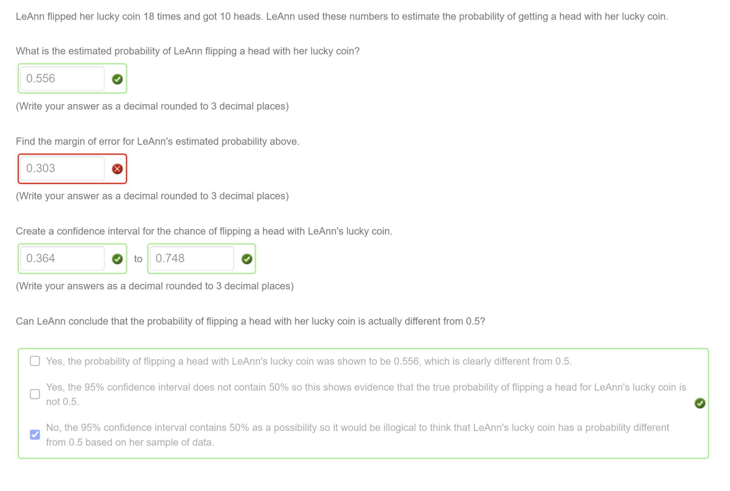 LeAnn flipped her lucky coin 18 times and got 10