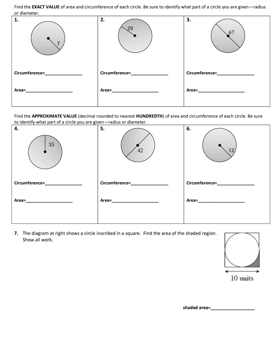 find the exact area and circumference of each