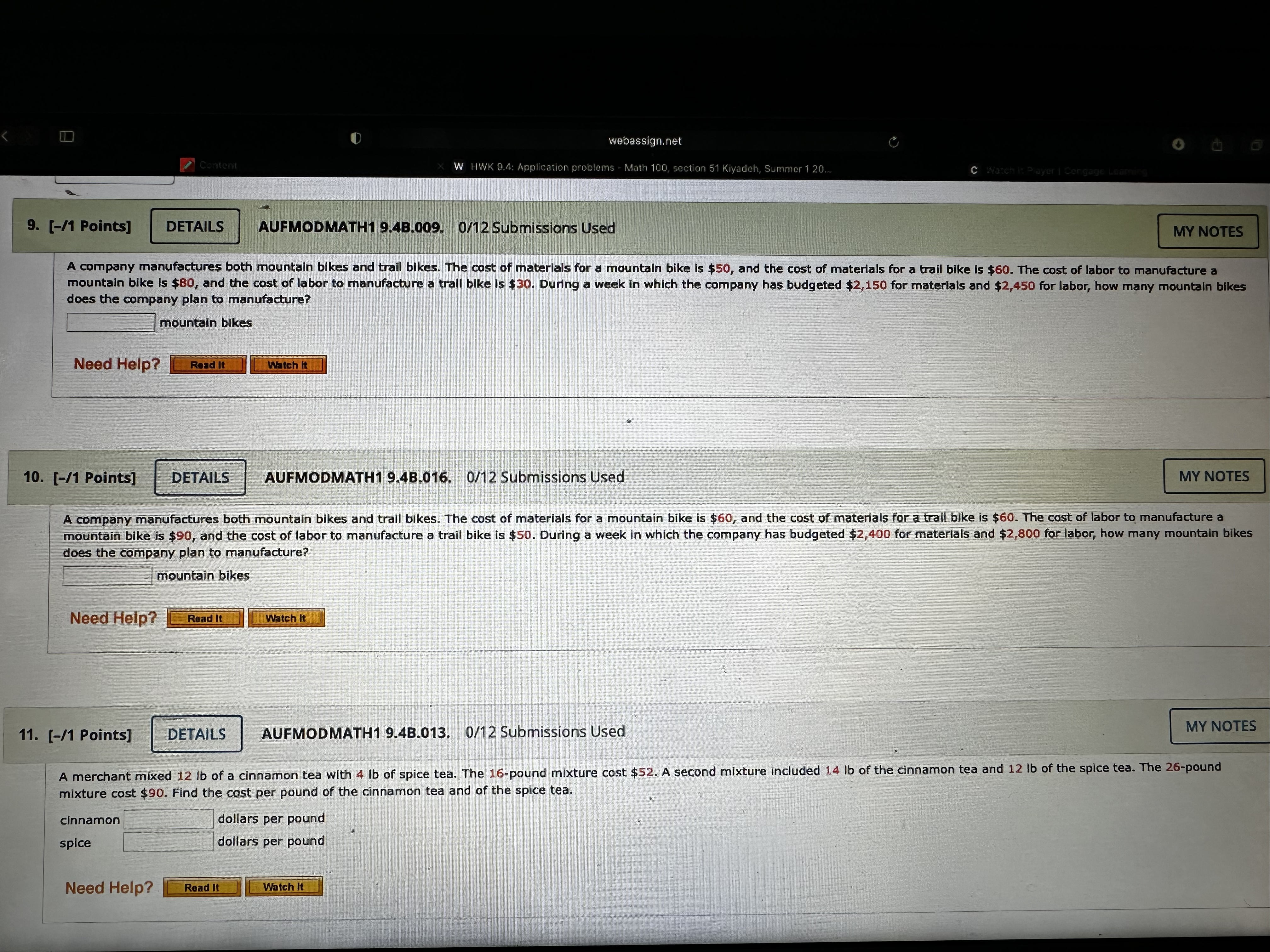 webassign.net W HWK 9.4: Application problems -