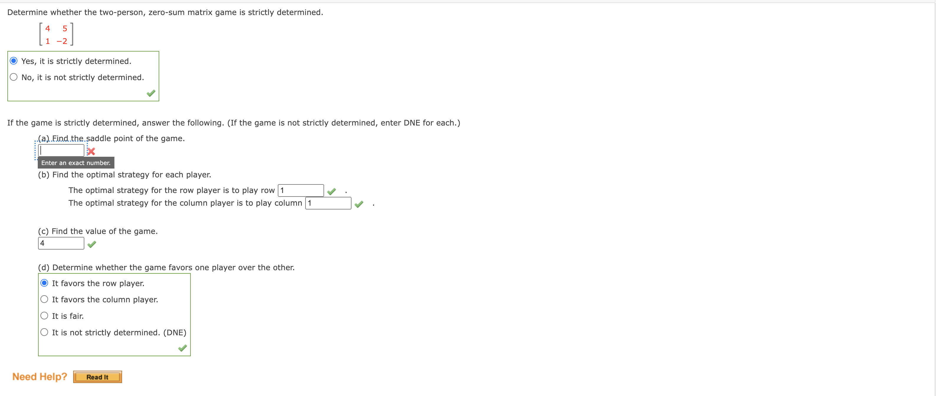 Determine whether the twoperson, zero-sum matrix