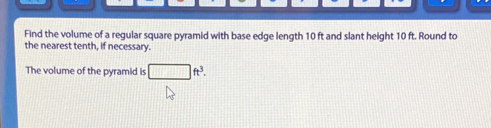 Find the volume of a regular square pyramid with