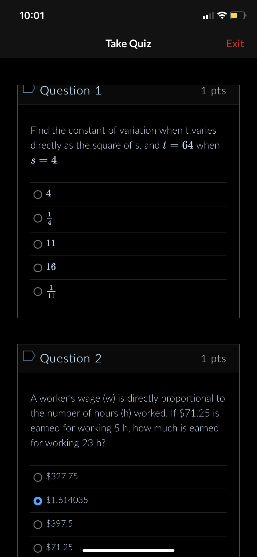 10:01 Take Quiz Exit Question 1 1 pts Find the