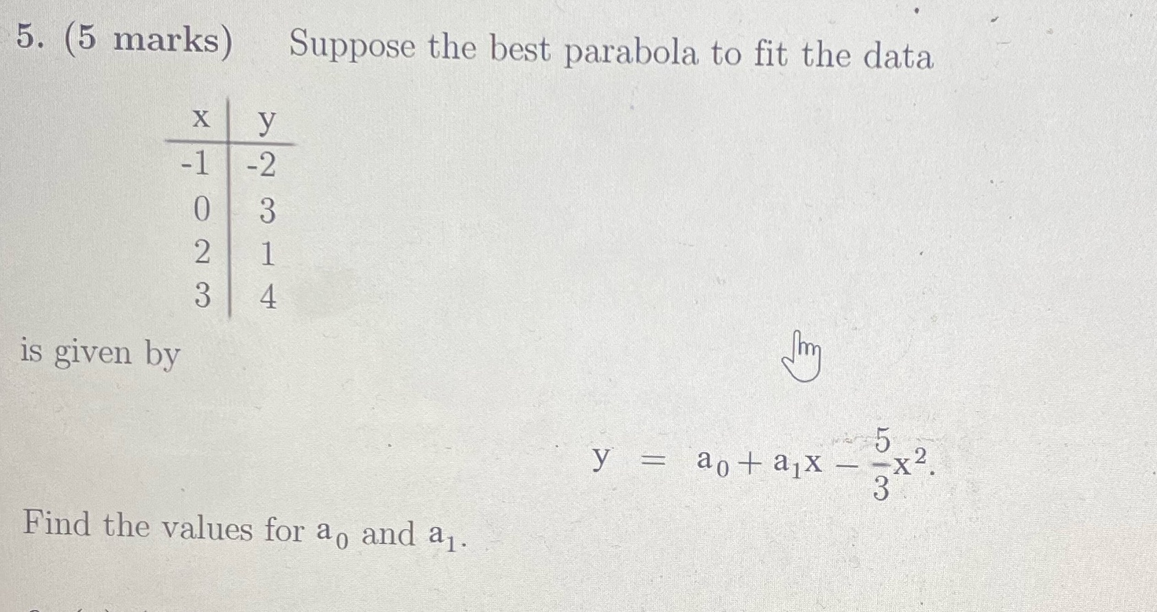 5. (5 marks) Suppose the best parabola to fit the