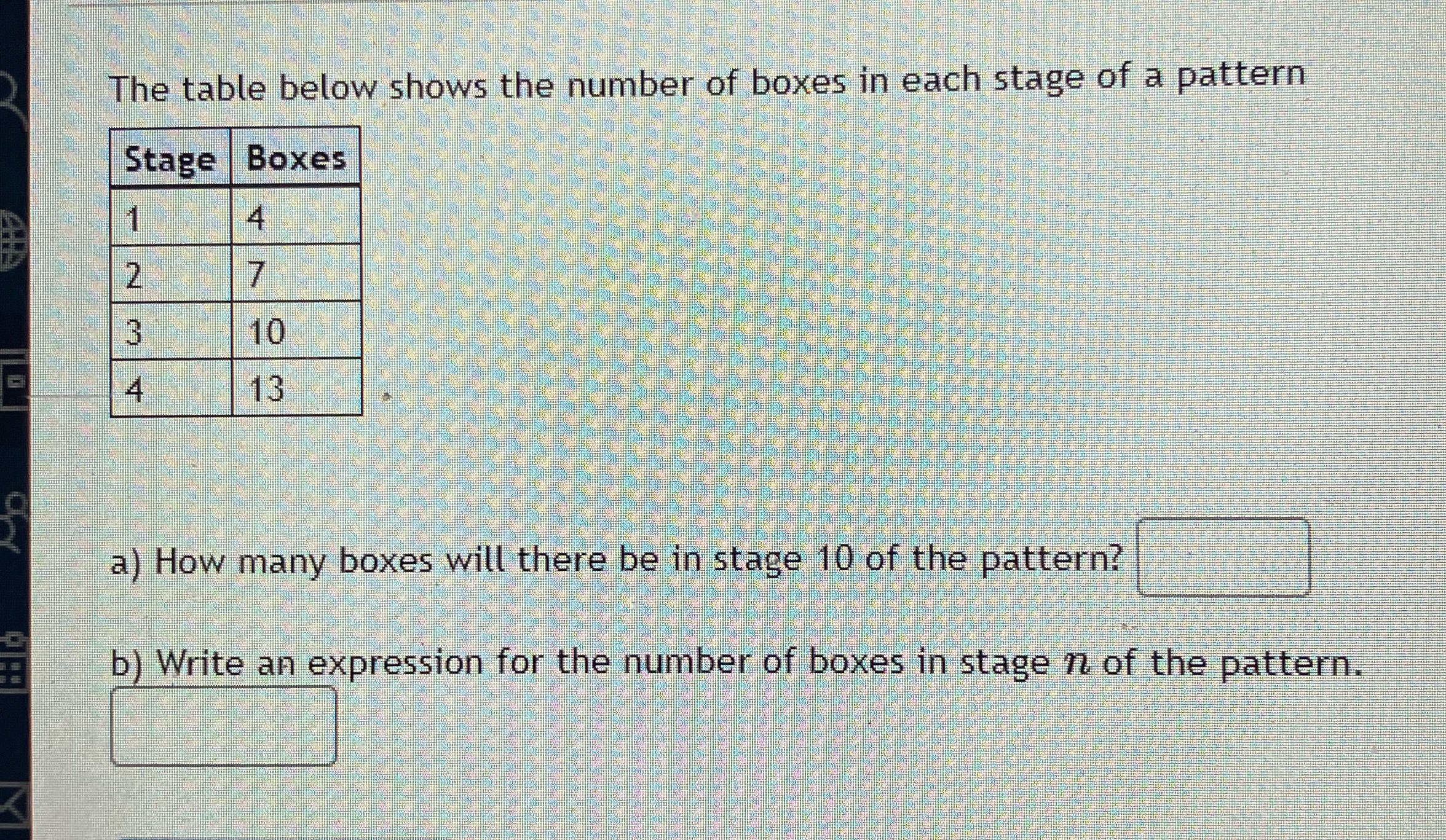 The table below shows the number of boxes in each