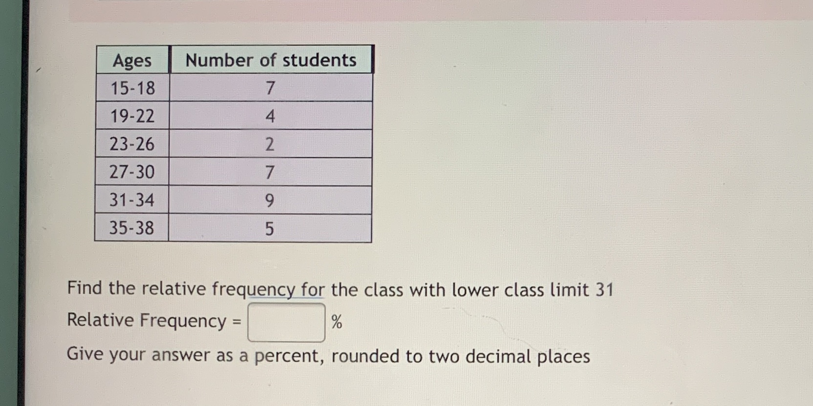 Ages Number of students 15-18 7 19-22 4 23-26 2