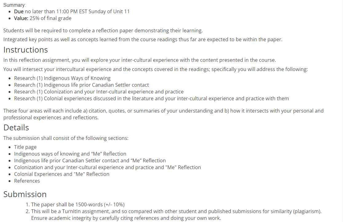 Summary: 0 Due no later than 11:00 PM EST Sunday