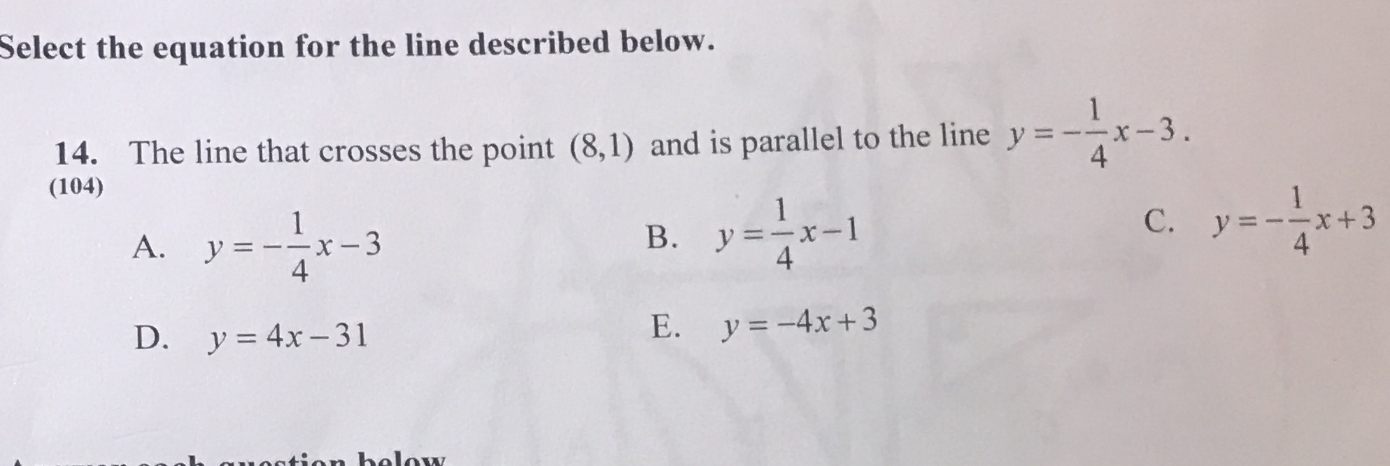 Select the equation for the line described below.