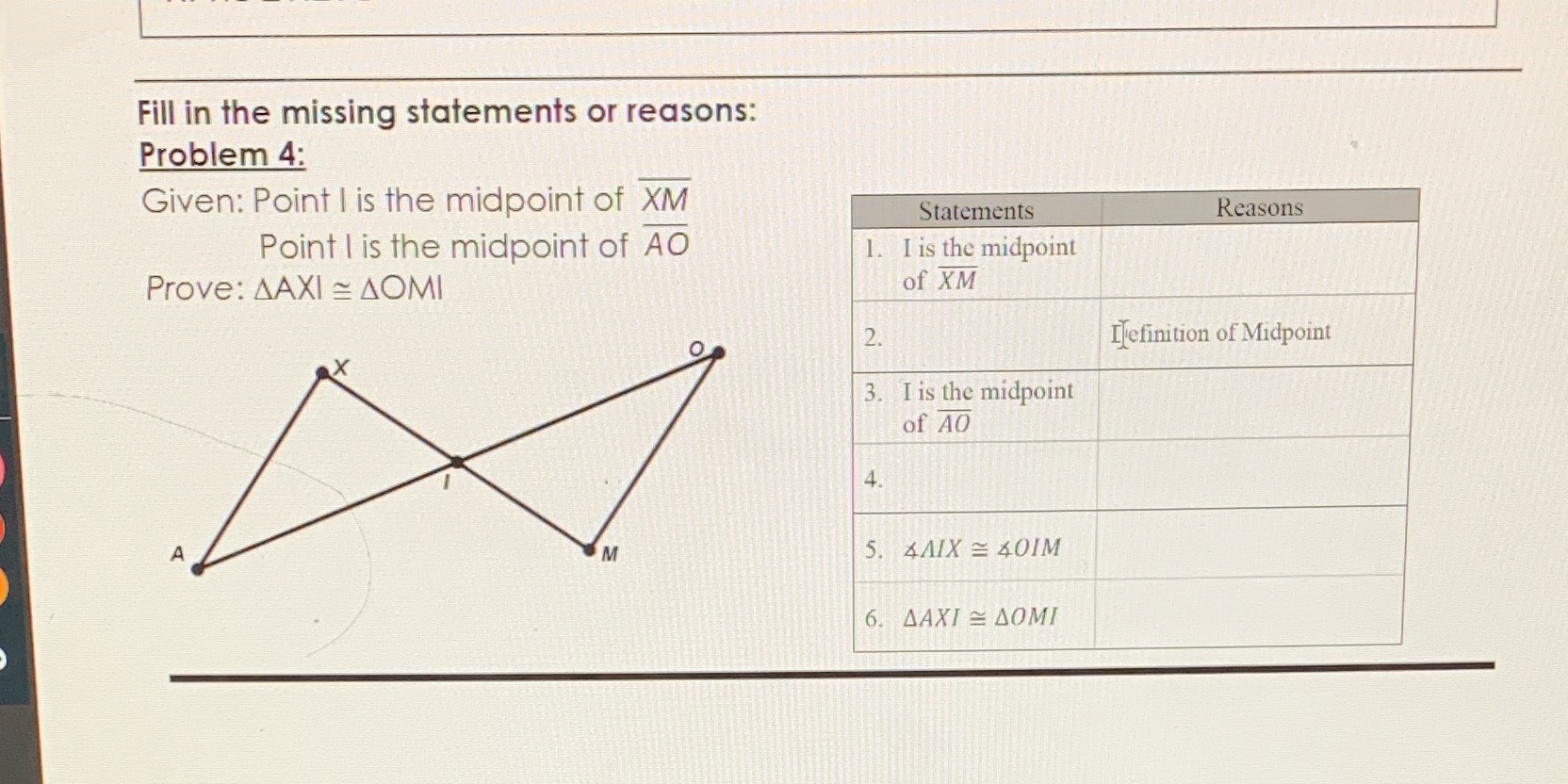 Fill in the missing statements or reasons: