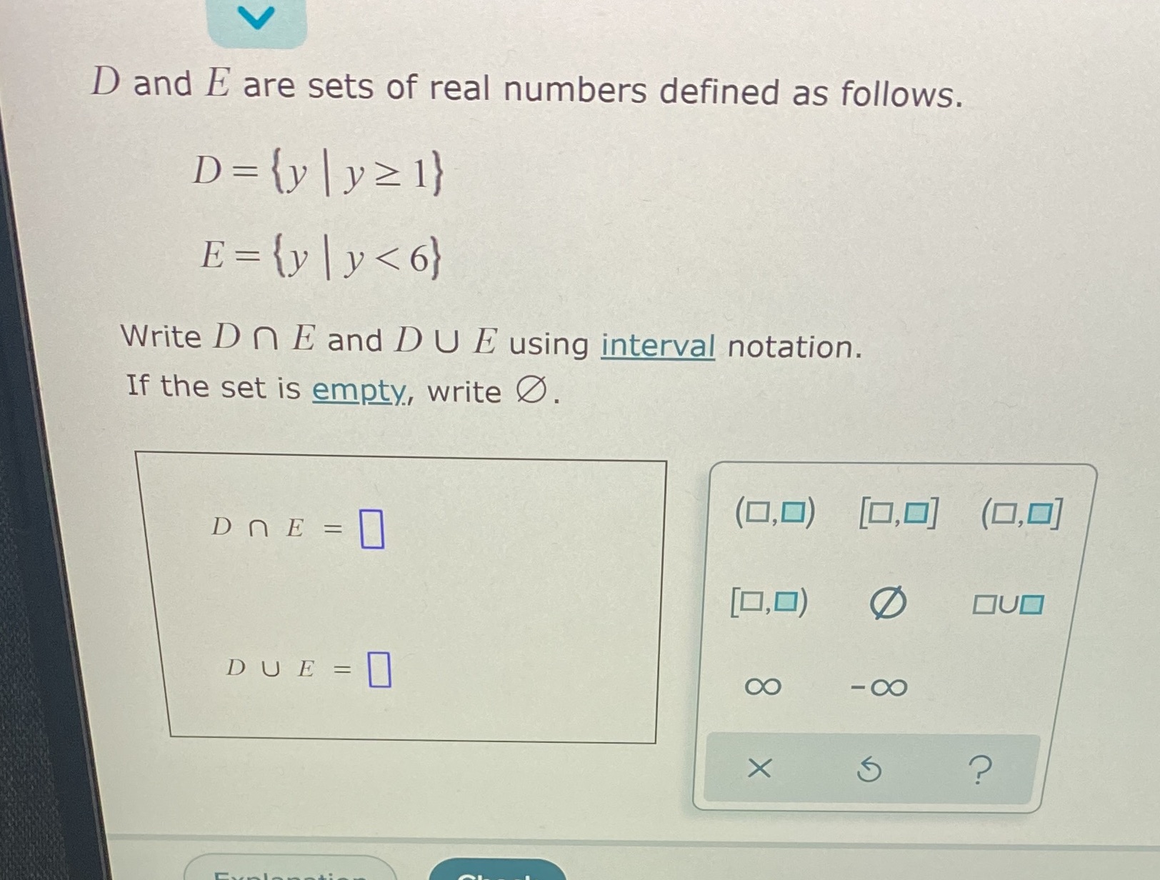D and E are sets of real numbers defined as