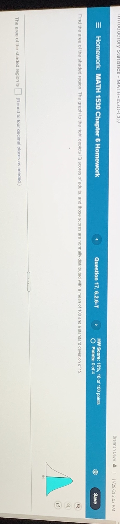 Brennan Davis |11/29/21 3:03 PM Homework: MATH