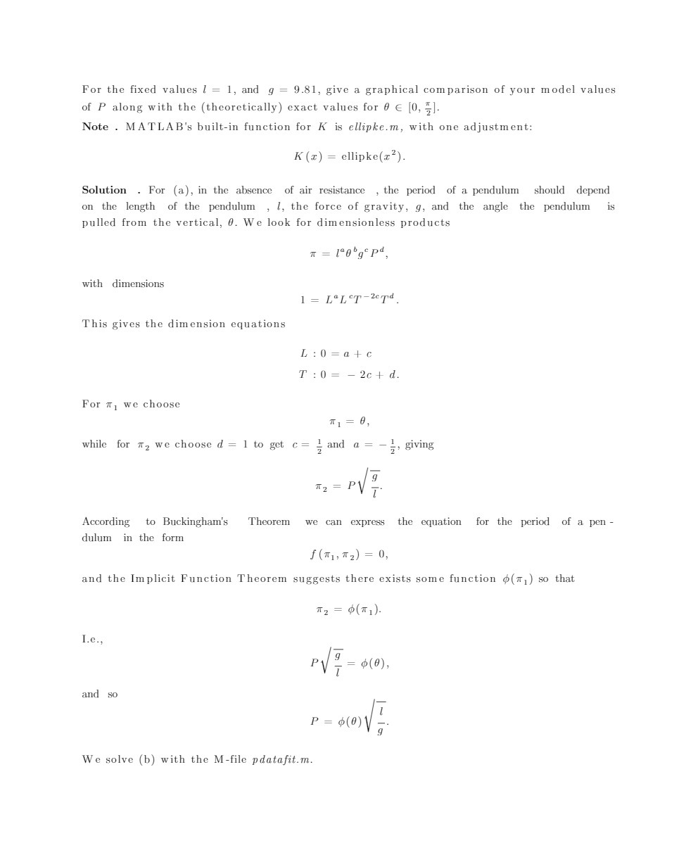 For the fixed values I = 1, and g = 9.81, give a