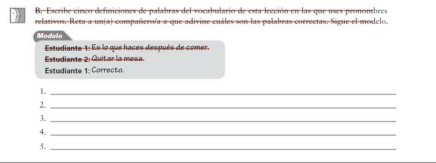 B. Escribe cinco definiciones de palabras del