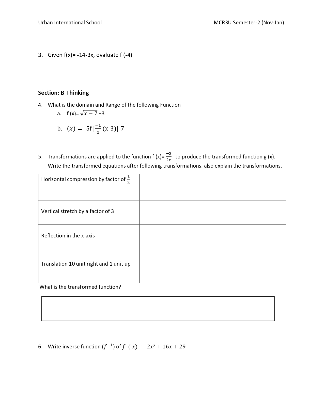Urban International School MCR3U Semester-2