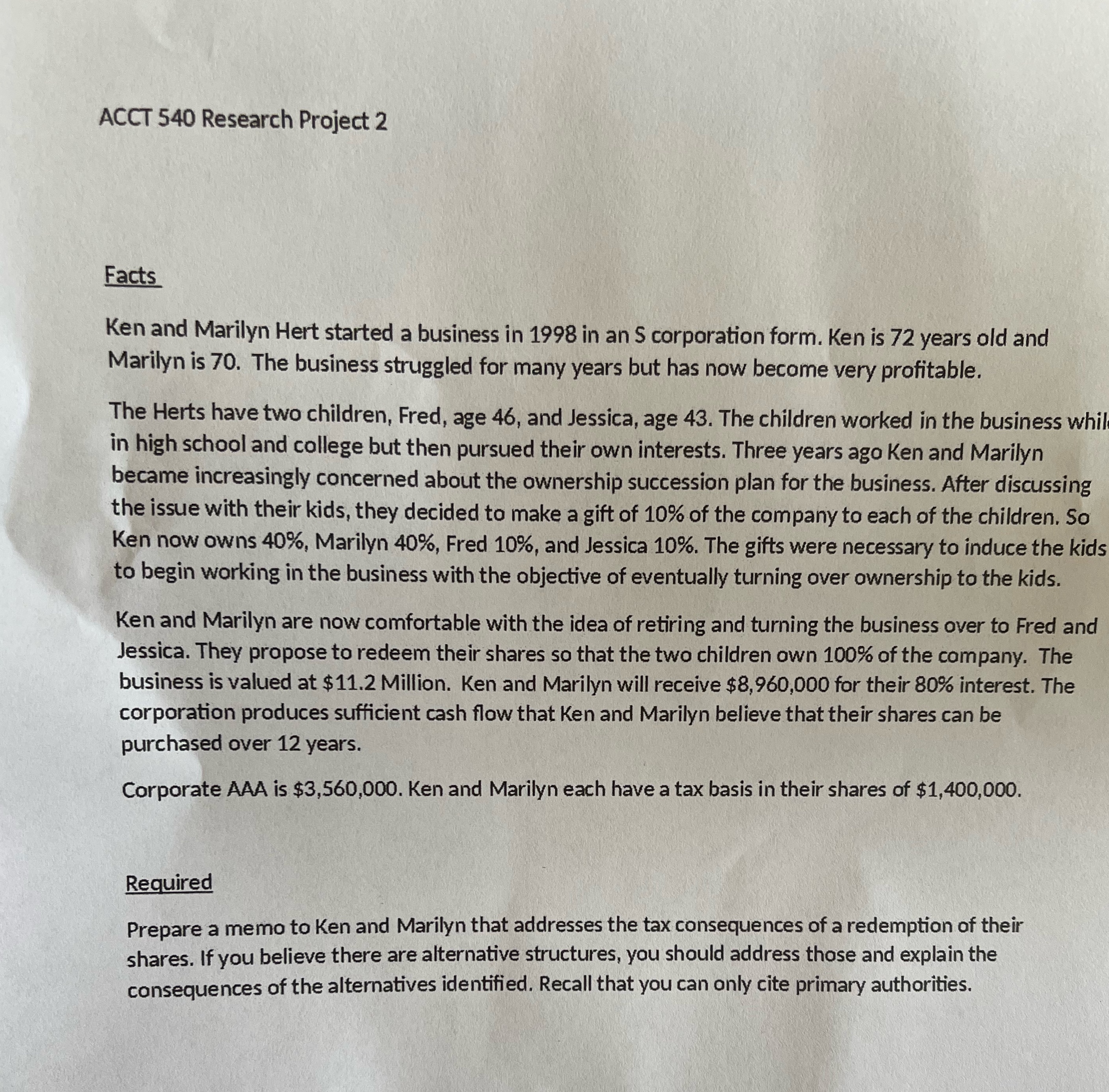 ACCT 540 Research Project 2 Facts Ken and Marilyn