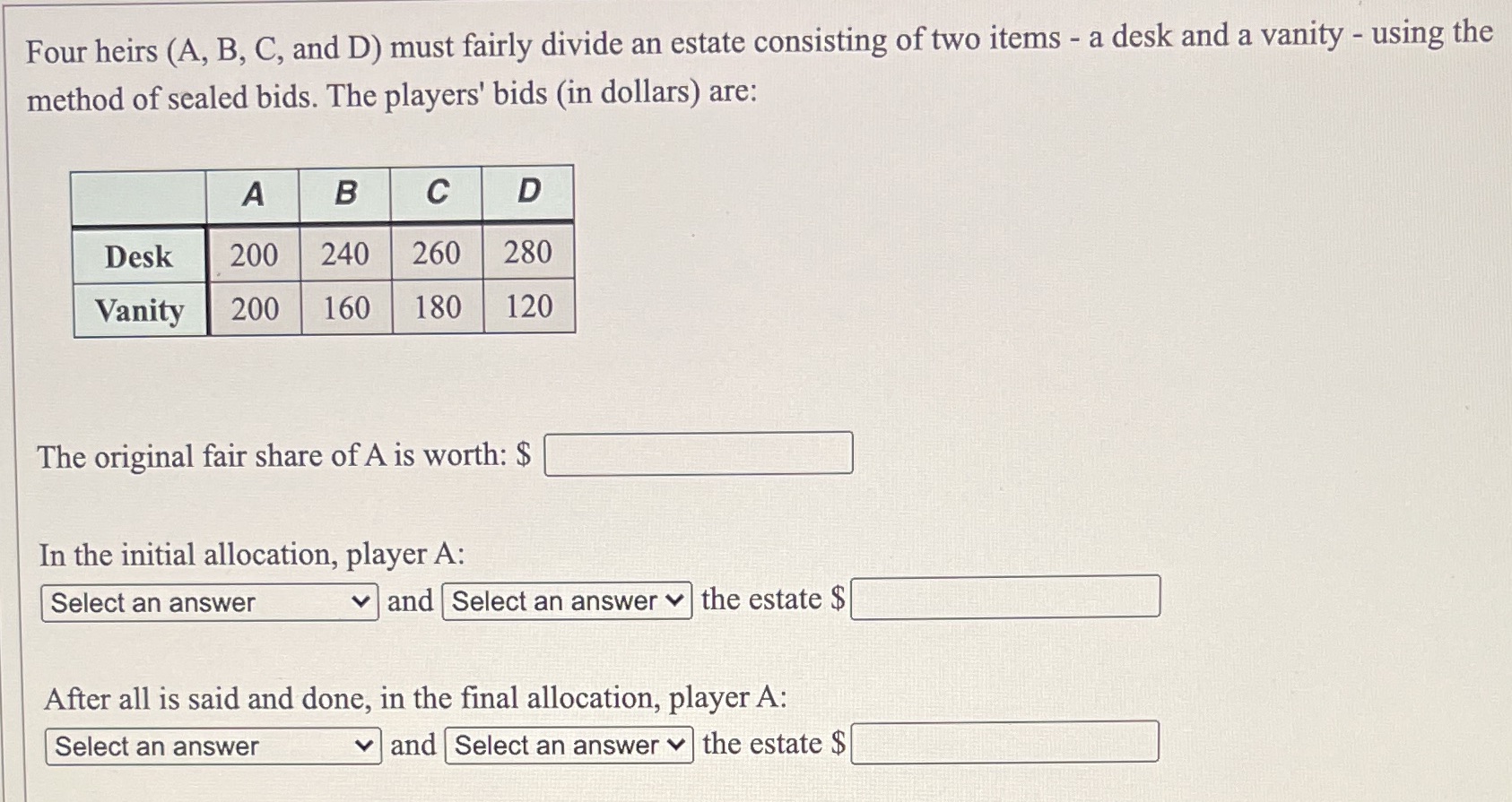 Four heirs (A, B, C, and D) must fairly divide an