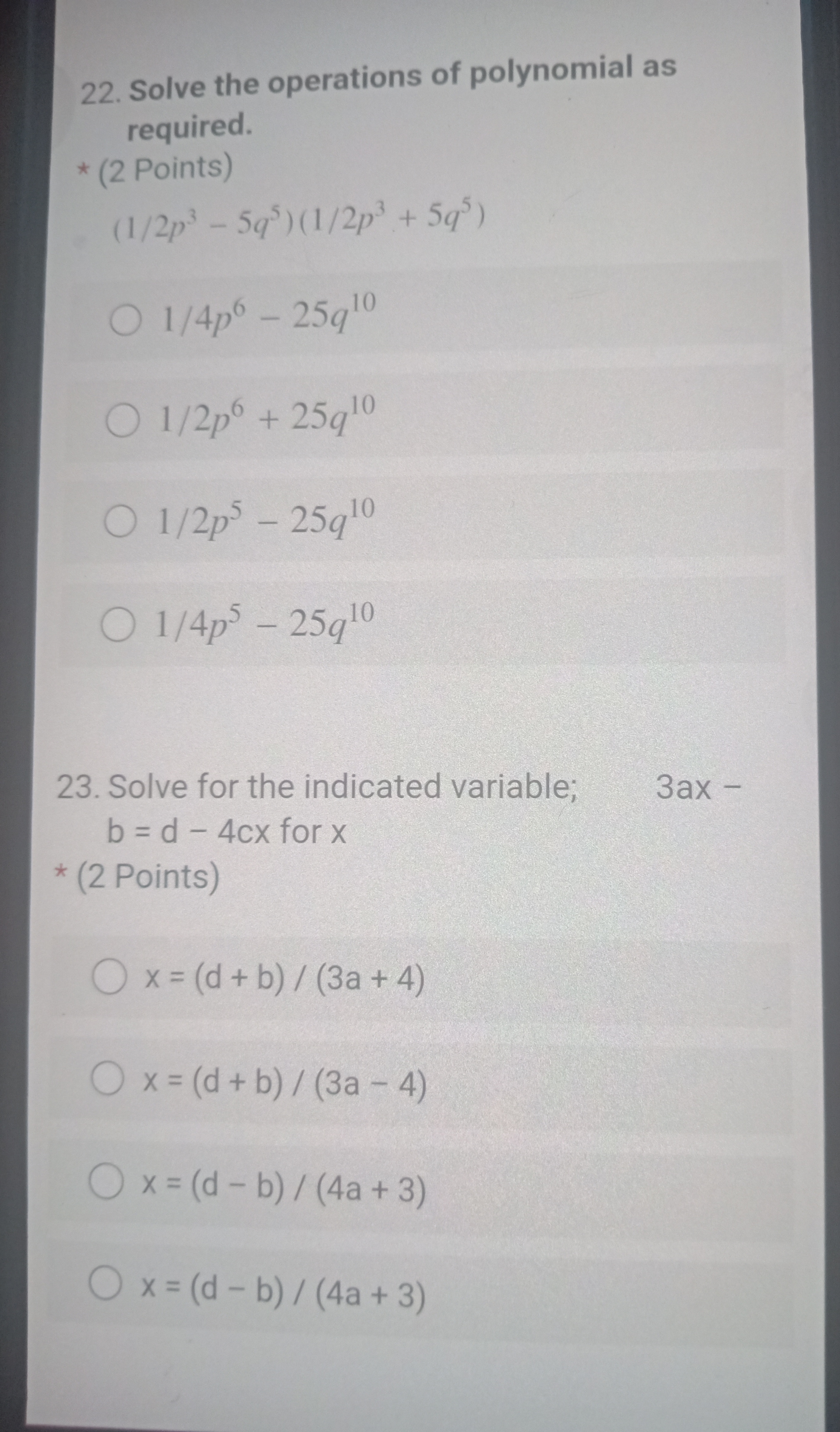 22. Solve the operations of polynomial as