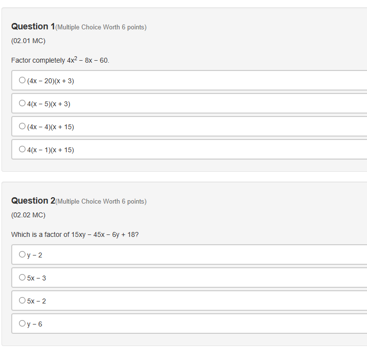 Question 1(Multiple Choice Worth 6 points) (02.01