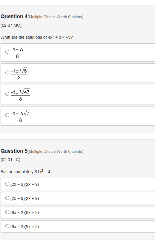 Question 1(Multiple Choice Worth 6 points) (02.01