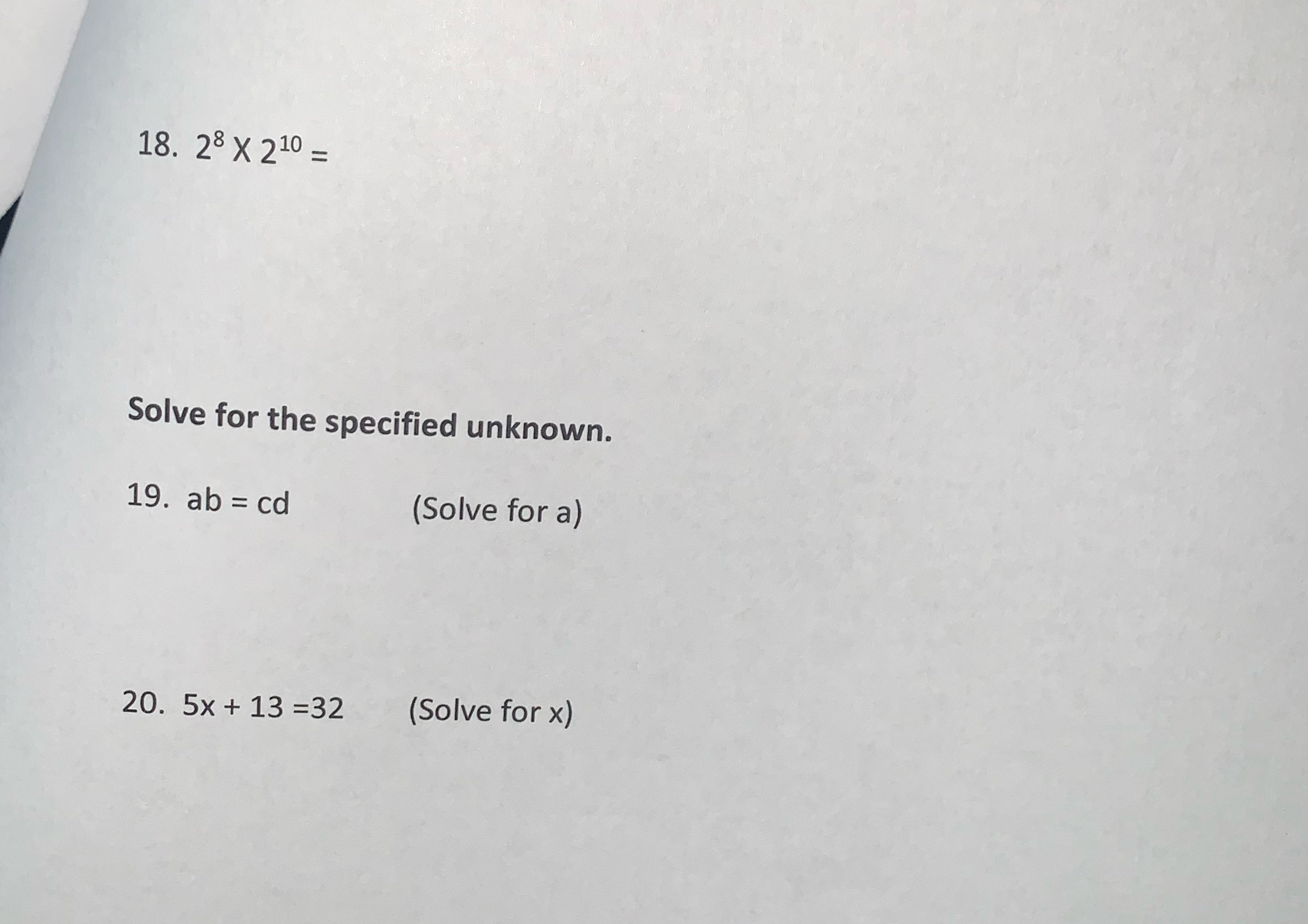 18. 28 X 210 = Solve for the specified unknown.