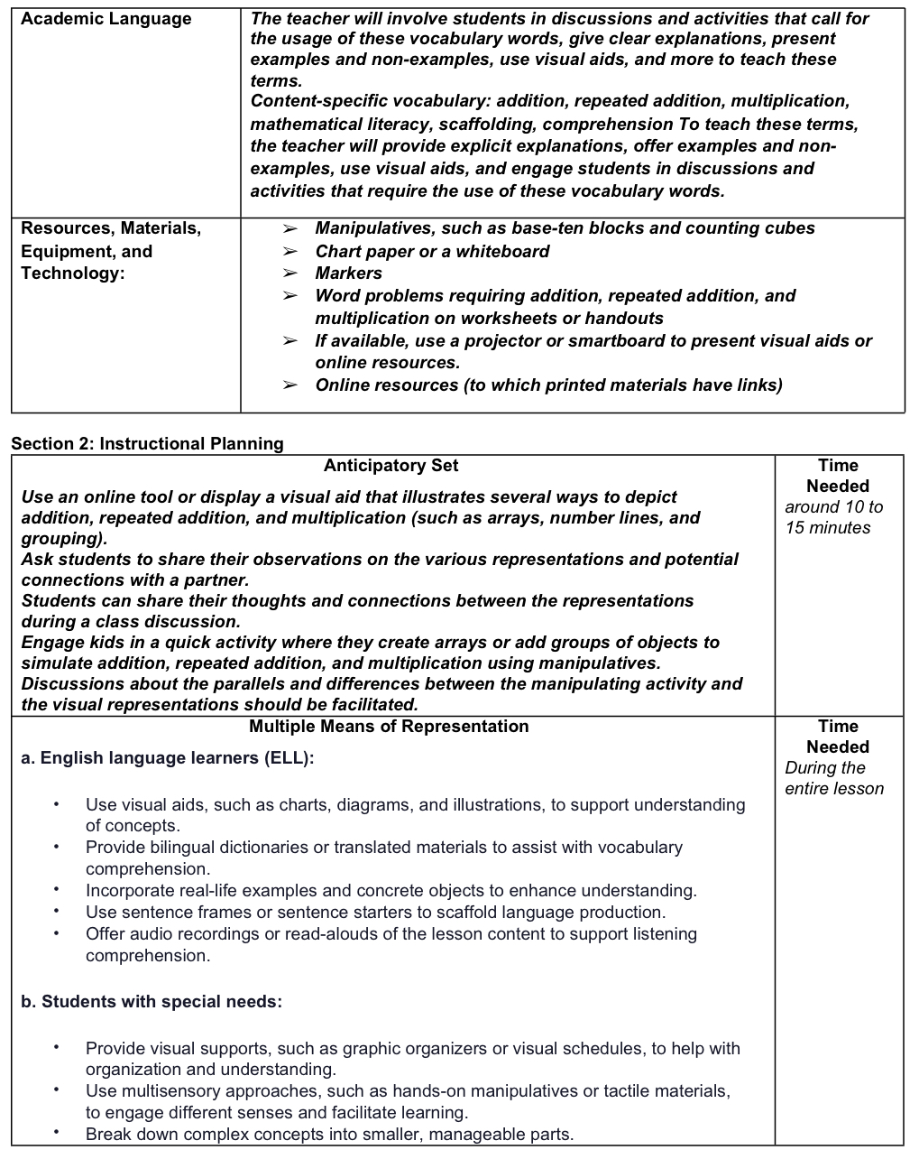 Planning how learning will be assessed before,