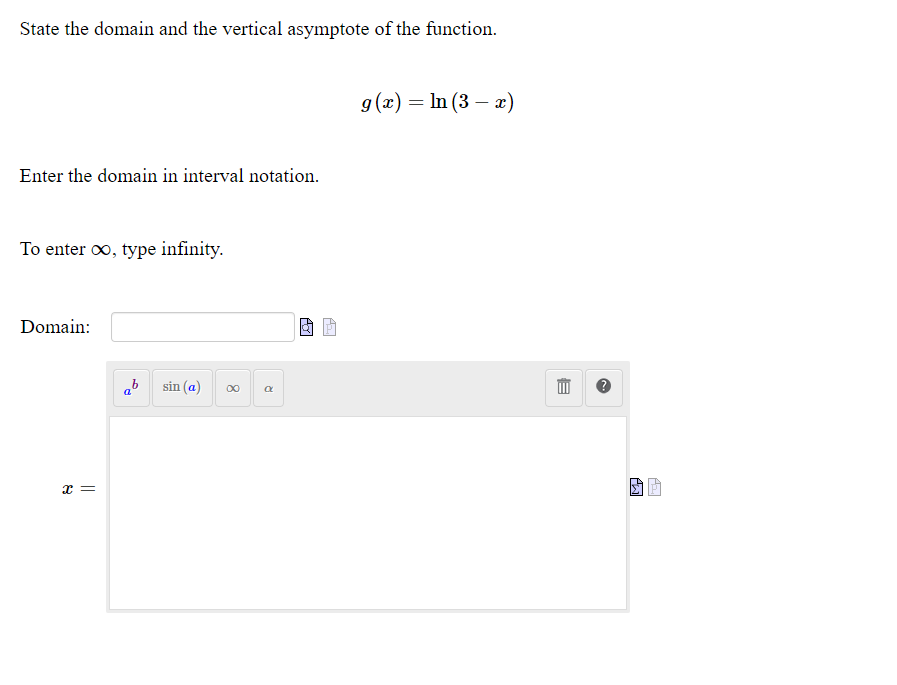 State the domain and the vertical asymptote of