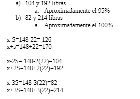 a) 104 y 192 libras a. Aproximadamente el 95% b)
