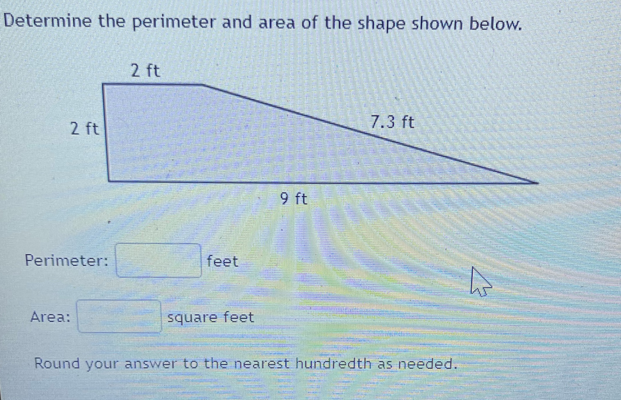 Determine the perimeter and area of the shape