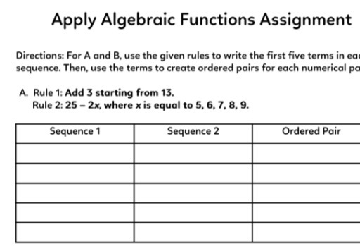 Apply Algebraic Functions Assignment Directions: