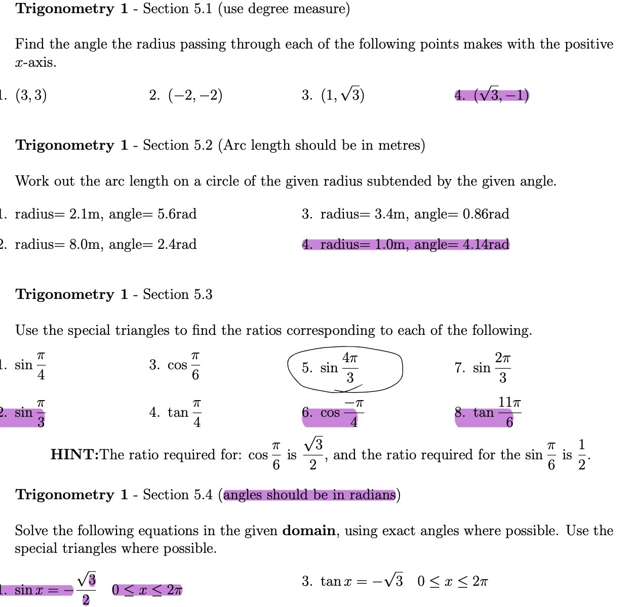 Trigonometry 1 - Section 5.1 (use degree measure)