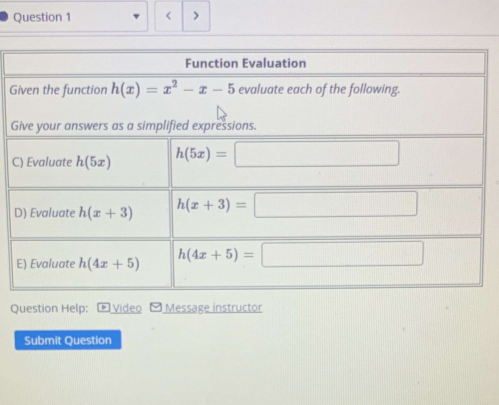 Question 1 Function Evaluation Given the function
