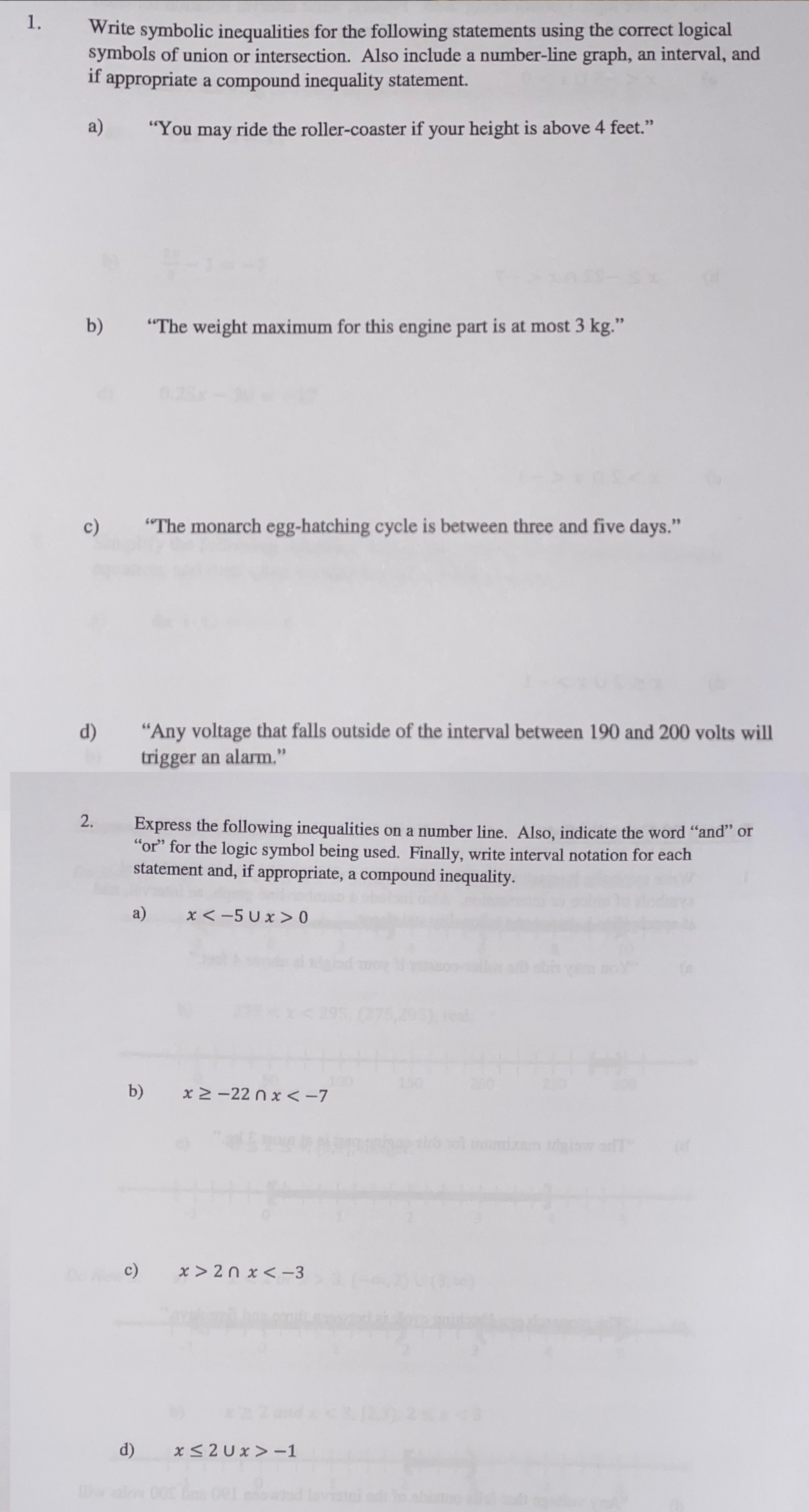 1 . Write symbolic inequalities for the following