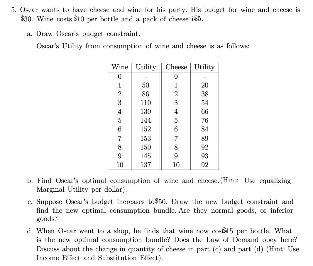 5. Oscar wants to have cheese and wine for his
