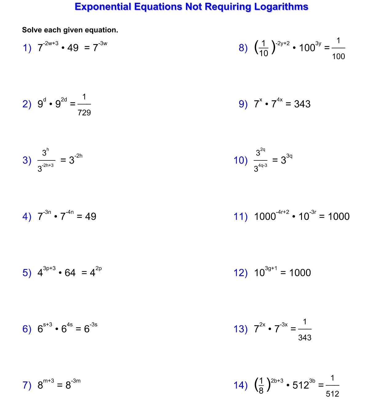 Exponential Equations Not Requiring Logarithms