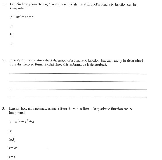 1. Explain how parameters a, b, and c from the