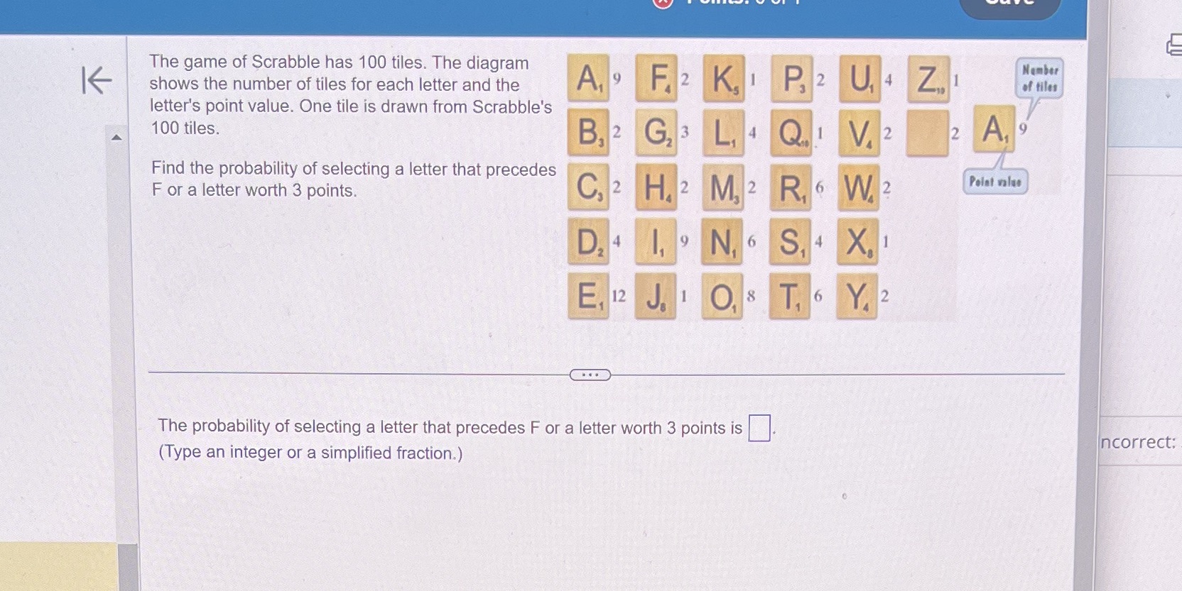 The game of Scrabble has 100 tiles. The diagram K