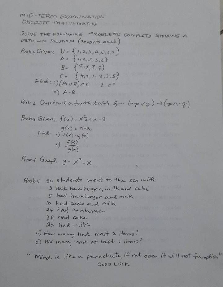 MID- TERM EXAMINATION DISCRETE MATHEMATICS SOLVE