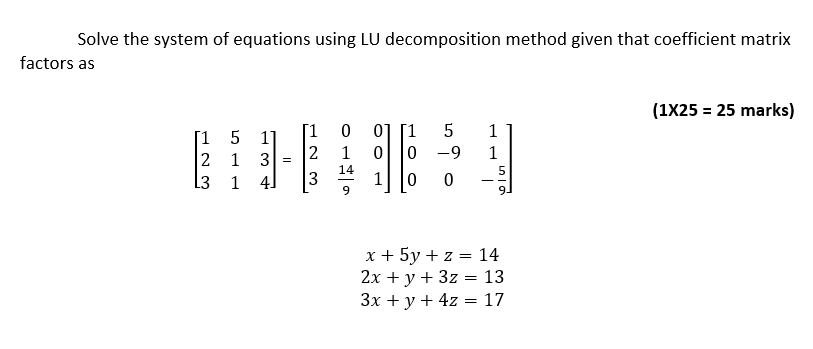 Solve the system of equations using LU