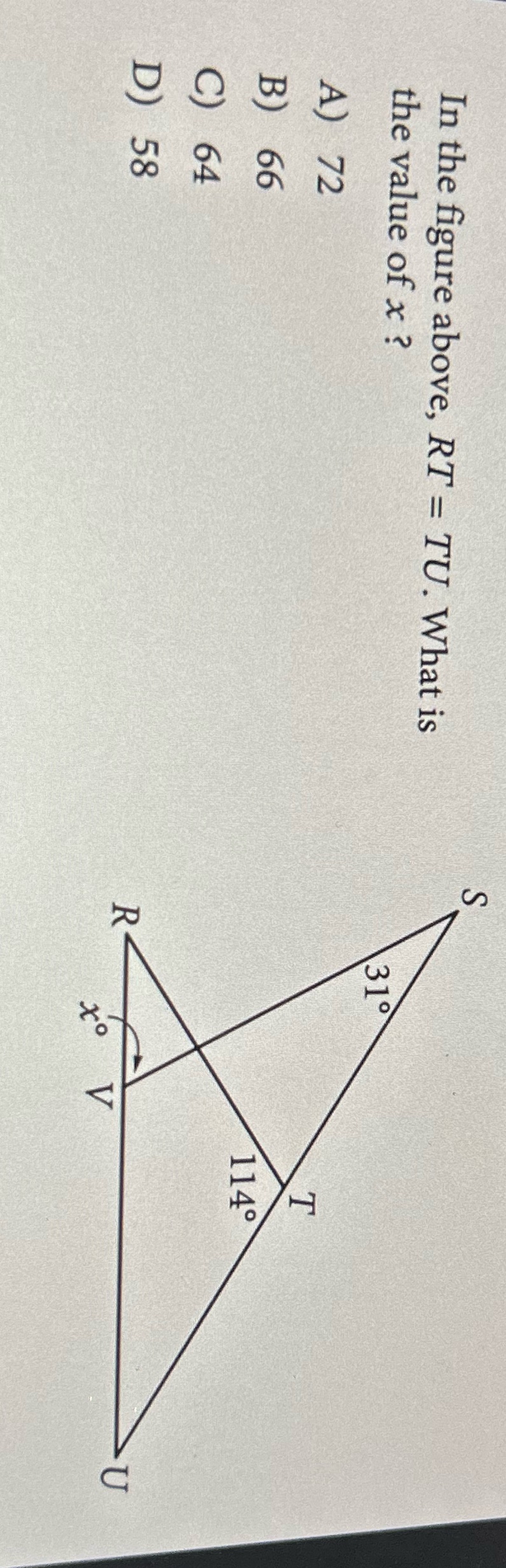In the figure above, RT = TU. What is the value