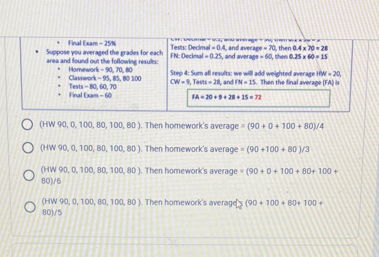.Final Exam - 25% Tests: Decimal = 0.4, and