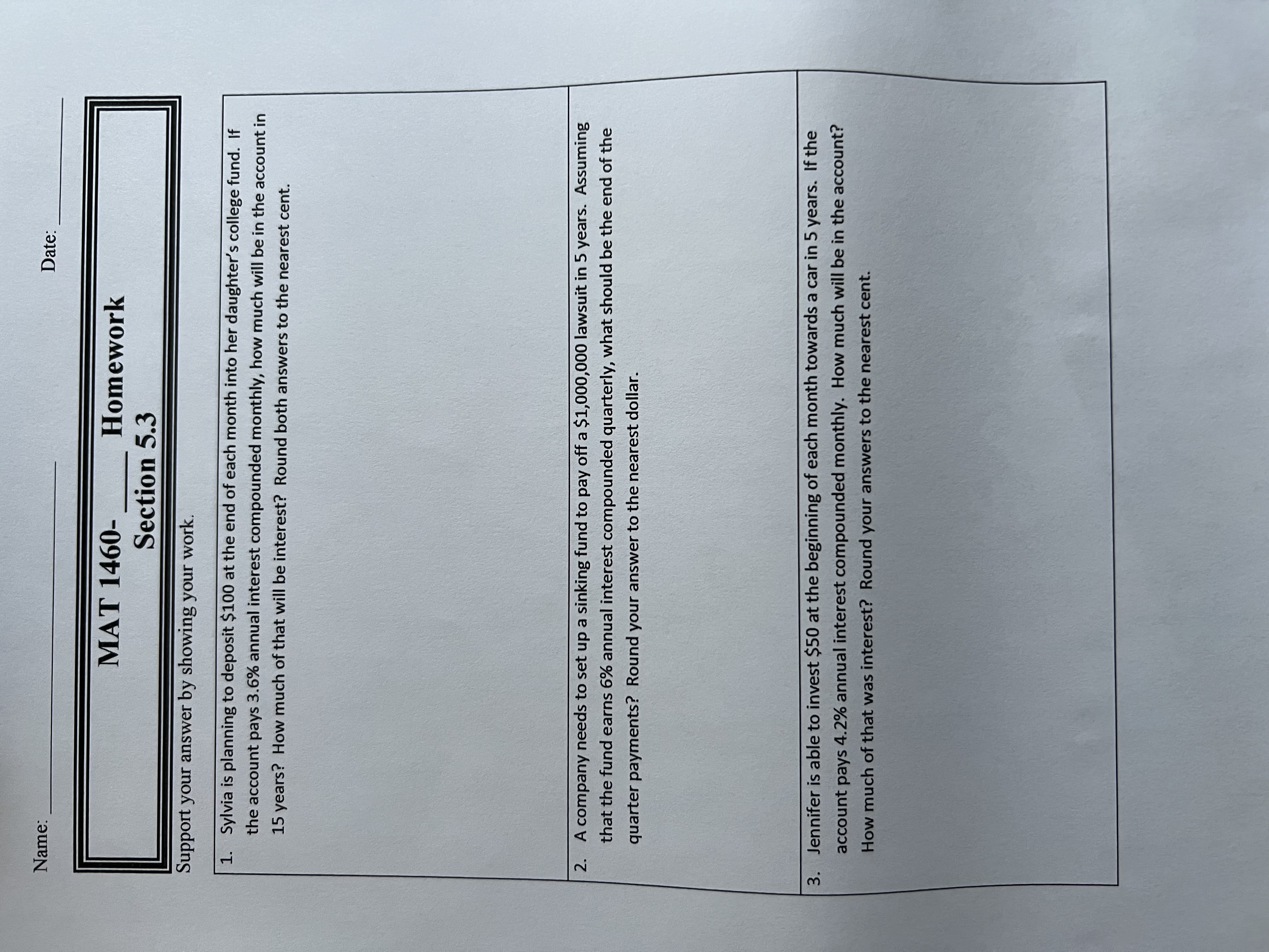 Name: Date: MAT 1460- Homework Section 5.3