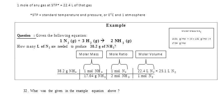1 mole of any gas at STP* = 22.4 L of that gas