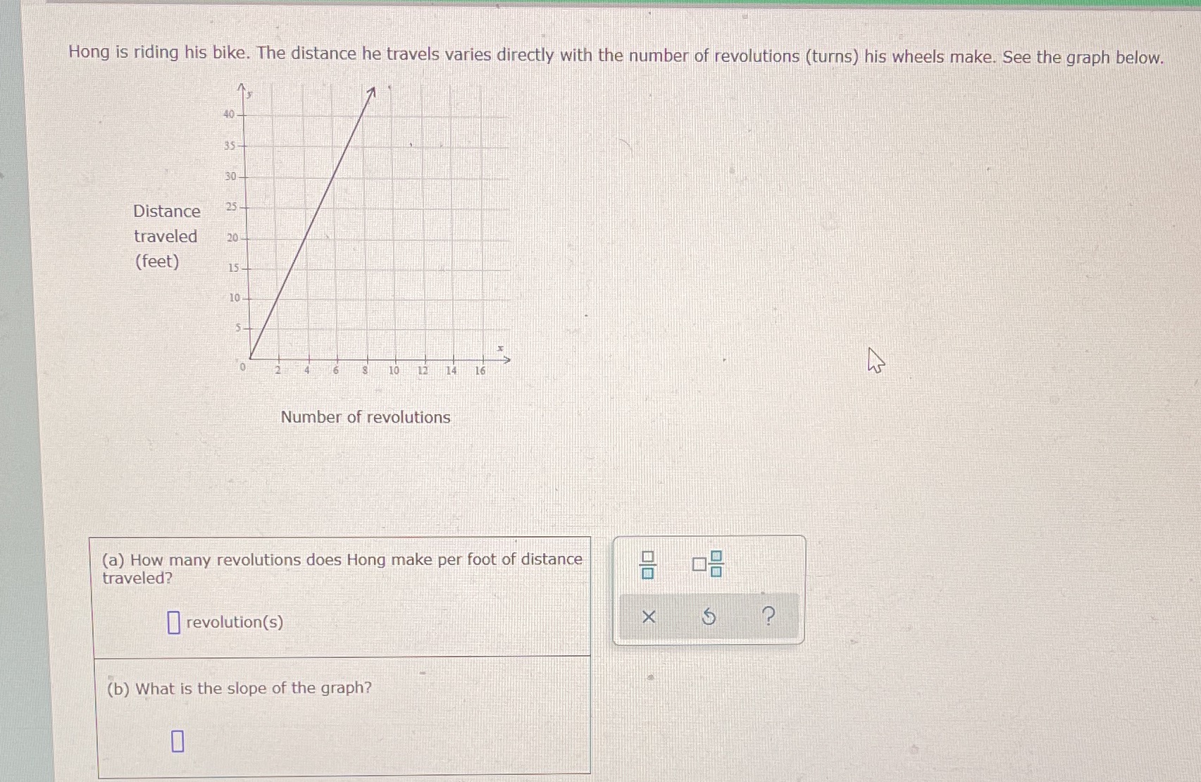 Hong is riding his bike. The distance he travels