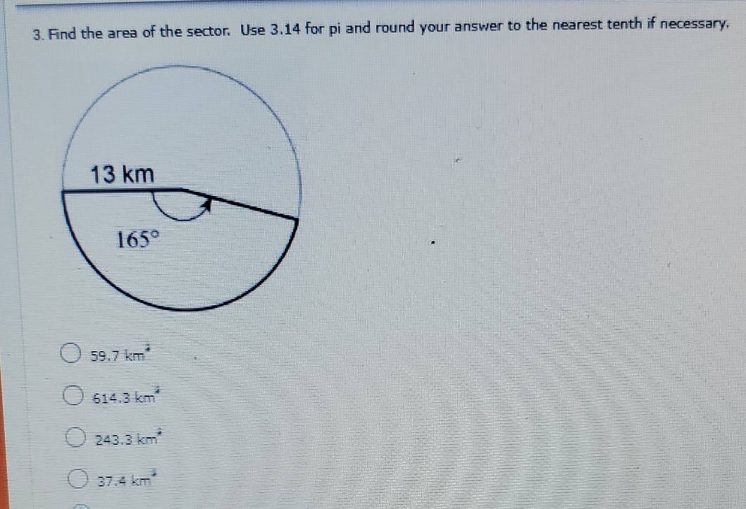 find the area of the sector. use 3.14 for pi and